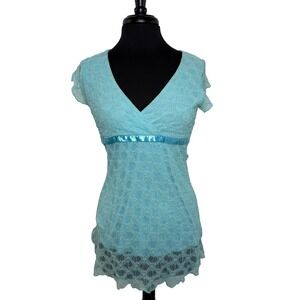 Vintage Y2K Vanity Lace Tunic Top Sz Large Blue Fairycore Mermaid Coquette 2000s